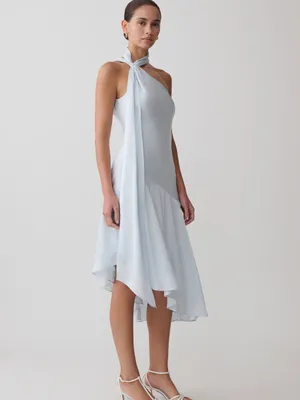 NWT Meshki Evelina Halter Asymmetric Hem Midi Dress Ice Blue Light Blue XS thumbnail 2