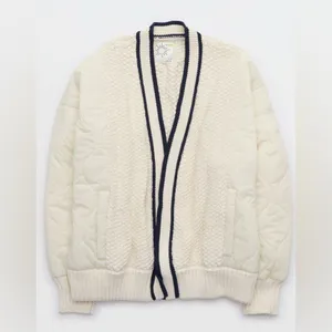 Offline by Aerie Quilted Knit Cardigan Puffer Cream Navy Oversized Sweater Cozy thumbnail 2