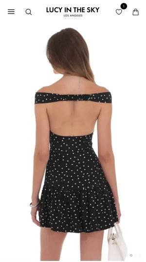 Lucy in the Sky Polka Dot Off Shoulder Drop Waist Dress in Black thumbnail 2