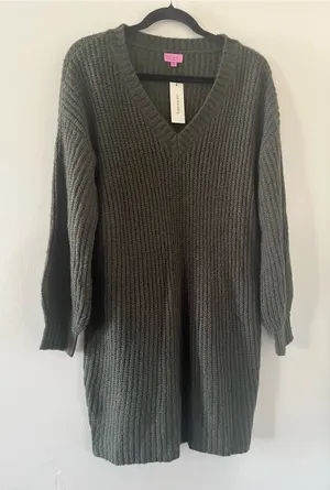 NWT Francesca's Olive Green Chunky Knit Sweater MIni Dress Medium Rustic Fall thumbnail 1