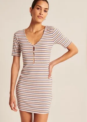 Abercrombie & Fitch Stretch Striped Button Detail Short Sleeve Dress Size XS NEW thumbnail 1