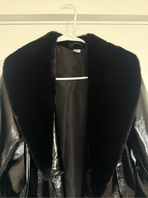 RARE H&M Black vinyl faux fur trim coat thumbnail 2