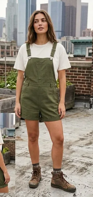Olive Green Earth Tone Utility Shortalls // Gorpcore Utility Bib Overalls L thumbnail 1