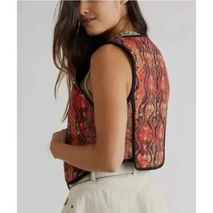 New sz small s free people Gemini red multi pattern quilted vest western print thumbnail 2
