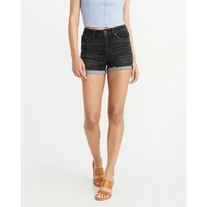 A&F • Simone High Rise Short black stretch denim cutoffs rolled hem cuffed thumbnail 3