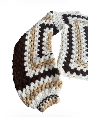 Vintage Handmade Crochet Granny Square Sweater Pullover Boho Neutral Cream Brown thumbnail 2