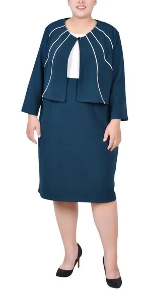 NWT Ny Collection Womens Plus Size 3/4 Sleeve Jacket and Dress Mallard Green 16W thumbnail 1