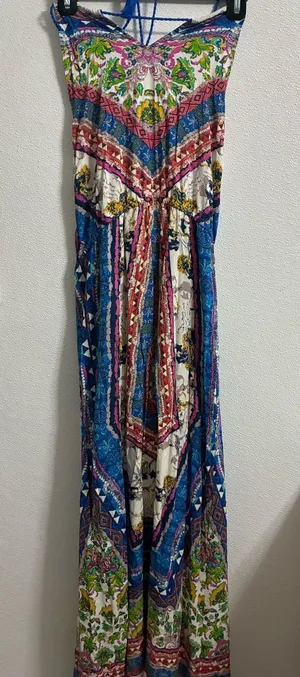 Flying Tomato Floral Print Strapless Maxi Dress in Blue, Pink, Green M thumbnail 1