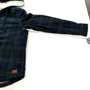 LL Bean Scotch Plaid Flannel Shirt Sherpa Lined Zip Hoodie Jacket Blue Green S thumbnail 11