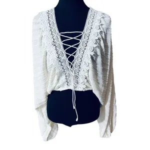 SheIn Boho Cream Lightweight Long Sleeve Top Lace Up Gauze With Crochet Trim Sz L thumbnail 6