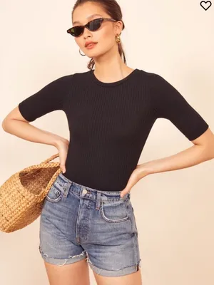 Reformation Janine Black Ribbed Tee Size Small thumbnail 1