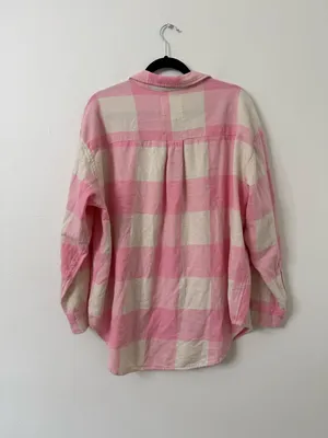 {M} aerie oversized Pink and Cream anytime fave flannel shirt thumbnail 6