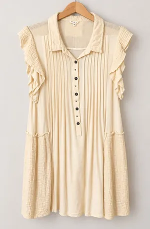 POL Boho Pleated Ruffle Mini Dress Cream Ivory Size M FKD10 thumbnail 1