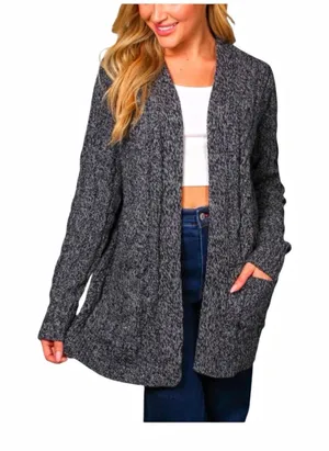 Be Fabulous Cable Knit Cardigan XS Gray Black Open Front Longline Pocket Sweater thumbnail 1