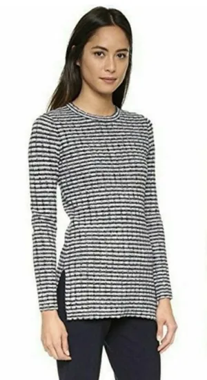 Theory Blue Gray Striped Texture Rib Stretch Sweater Crewneck Size Small thumbnail 1