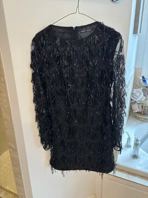 SHEIN Black Sequin Fringe Long Sleeve Mini Dress – Size M thumbnail 2