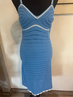 Blue Crochet Midi Dress with White Trim thumbnail 2