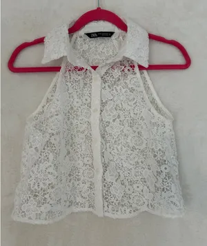 ZARA White Floral Lace Sleeveless Button Down Cropped Top Shirt XS‎ thumbnail 1
