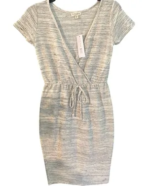 See You Monday Short‎ Sleeve Wrap Dress Gray Striped Drawstring Waist Size S thumbnail 1