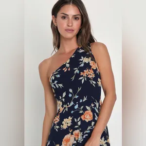 Lulus Elegant Admiration Navy Blue Floral One-Shoulder Maxi Dress thumbnail 3