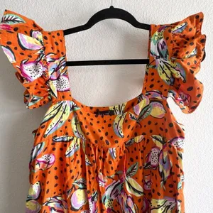 Anthropologie Kourt Aria Linen Tropical Short Dress Pockets Fruit Bird Medium thumbnail 6