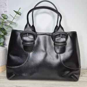 Cole Haan Black Leather Shoulder Bag Tote Purse Contrast Stitch Buckle Accent thumbnail 2