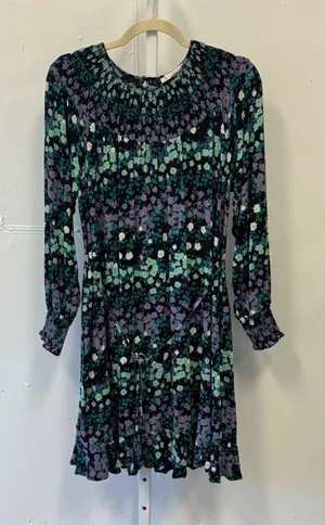 LOFT Floral Smocked Long Sleeve Flowy Mini Dress with Tie Black Green Purple Med thumbnail 1