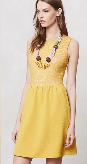 Anthropologie Maeve mustard Yellow Lace Bodice A-Line Dress with Textured Skirt thumbnail 1