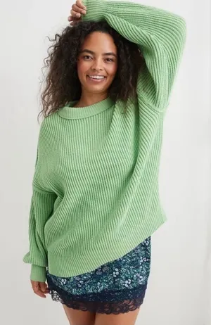 Aerie Beyond Chenille Sweater Fresh Green Ribbed Women's Crewneck Knit Sweater thumbnail 1
