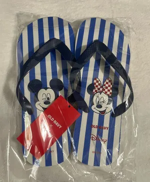 Old Navy Blue & White Striped Mickey & Minnie Flip Flops with Navy Straps thumbnail 1
