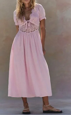 Free People All You Need Is Lace Short Sleeve Cotton Midi Dress Pink Large thumbnail 1