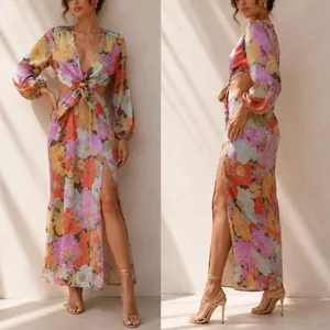 Y.A.S‎ Josephine Long Sleeve Cut Out Maxi Dress Floral Retro Mod Twist Front M thumbnail 2