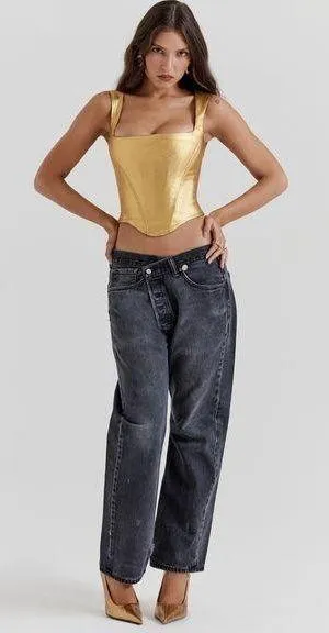 NWT House Of CB Karia Foil Corset Top in Gold Size M thumbnail 1