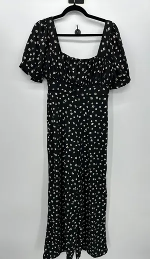 Lulus Black Floral Milkmaid Jumpsuit Sz M Puff Sleeve Wide‎ Leg Square Neck thumbnail 1