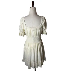 Sabo Mini Dress Women XS Ivory Linen Blend Smocked Puff Sleeve Boho Peasant thumbnail 3