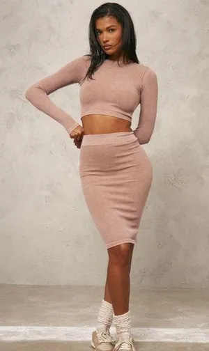 NWT PrettyLittleThing Contour Rib Brown Washed Midaxi Skirt | Size L thumbnail 1