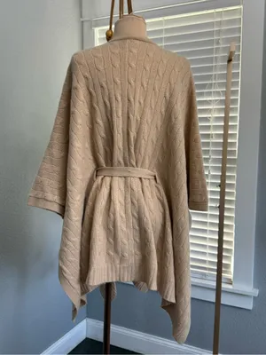 Saks Fifth Avenue Cashmere Tie-Front Cable Knit Poncho Sweater - Cream Size XS/S thumbnail 5