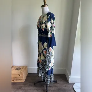 Farm Rio Anthropologie Midnight Flower Wrap Dress Blue Floral Cottage Small thumbnail 6