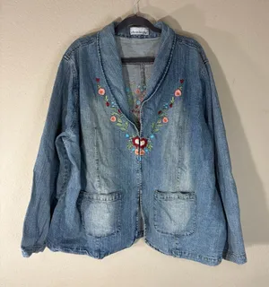 DENIM 24/7 plus size jean jacket Florals Embroidered Sz 24W Boho Biker Western thumbnail 1