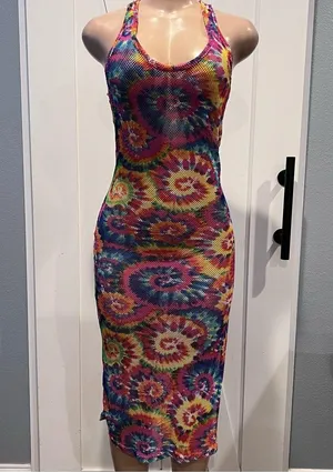 NYC women’s L mesh swim coverup Multicolor Knit Fabric Tye dye side slit thumbnail 1