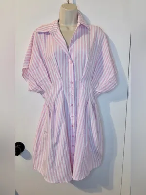 NWT COMMENSE Pink White Striped Shirt Dress L Collared Button Down thumbnail 2