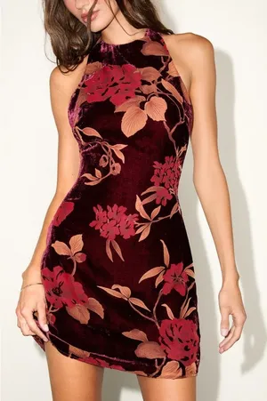 NWT Lulus Delizah Burgundy Floral Burnout Halter Mini Dress Bodycon Party Size S thumbnail 1