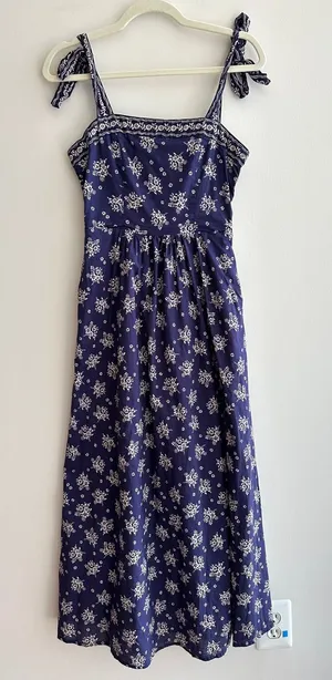 Patrons of Peace Floral Ribbon Tie Smocked Back Midi Dress, Blue, Size Small thumbnail 1