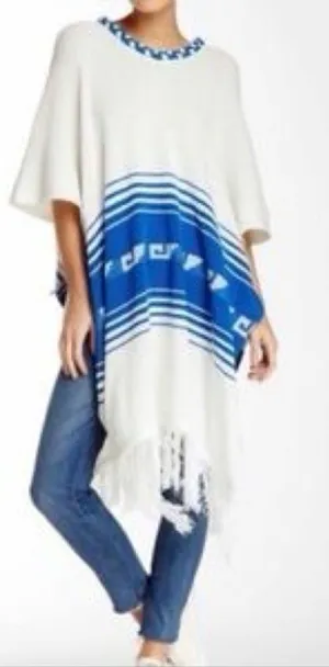 060- Wildfox Frida Traveler Fringe Oversized Blue White Sweater Poncho Size Smal thumbnail 1