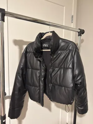ZARA Puffer Jacket Black Leather thumbnail 1