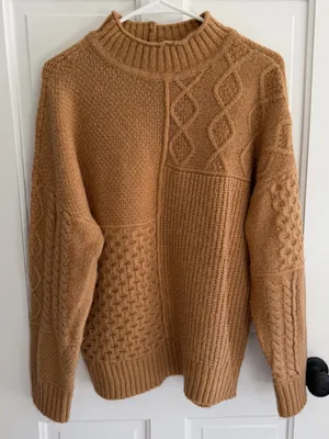 American Eagle Patchwork Cable Knit Mock Neck Sweater Camel Medium thumbnail 1