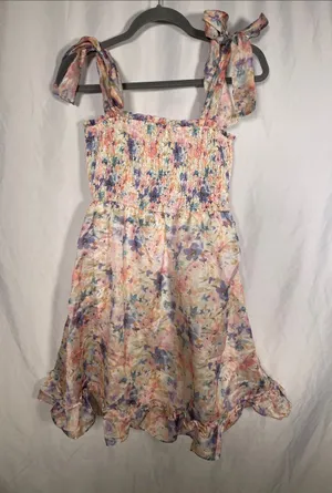Storia Womens Smocked Floral Mini Dress Medium Blue Pink thumbnail 1
