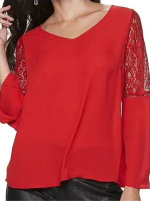 Red Lace Bell Sleeve Blouse‎ Top Women's Size Small thumbnail 1