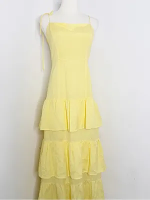 Capulet Yellow Linen Tiered Midi Maxi Dress Tie Strap Revolve Size Small thumbnail 3