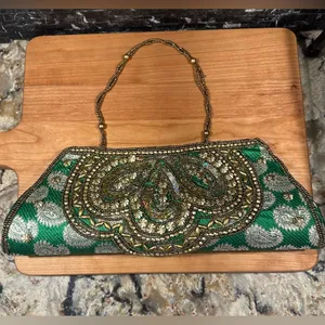 Evening Bag Beaded Sequin Clutch India Purse Green Gold Prom Formal thumbnail 2
